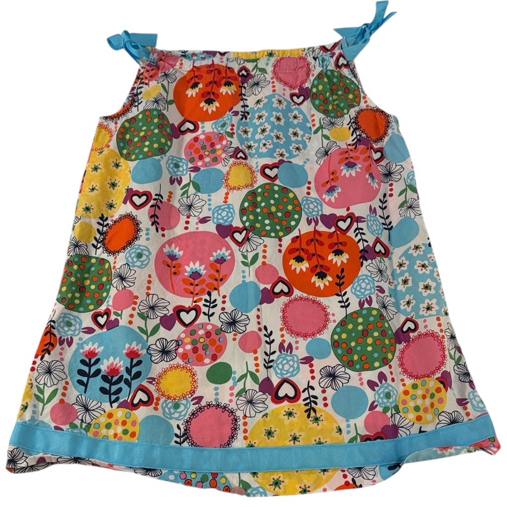 Hanna Andersson Girls 110 Colorful Floral Heart Tie Strap Dress 100% Cotton Blue